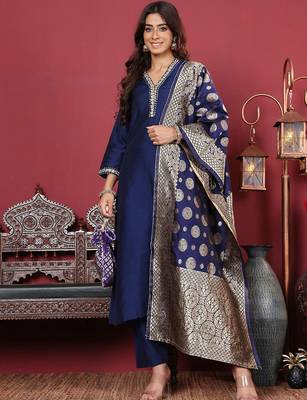 Women Floral Zari Embroidered Neck Kurta with Trousers and Woven Brocade Dupatta 1