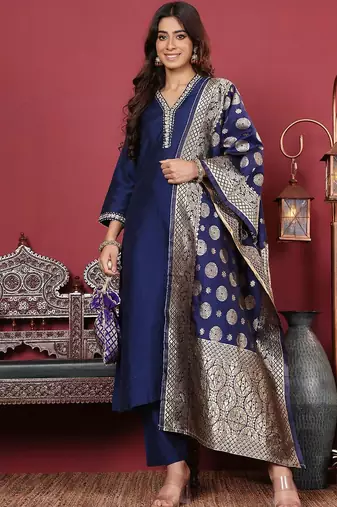 Women Floral Zari Embroidered Neck Kurta with Trousers and Woven Brocade Dupatta