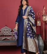 Women Floral Zari Embroidered Neck Kurta with Trousers and Woven Brocade Dupatta