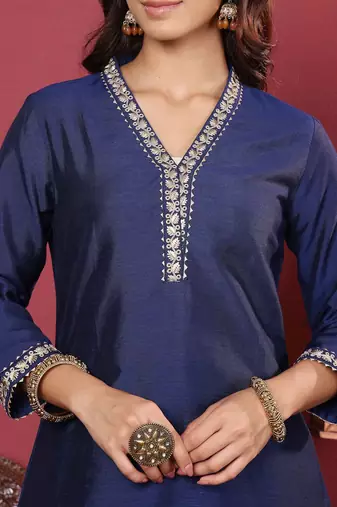 Women Floral Zari Embroidered Neck Kurta with Trousers and Woven Brocade Dupatta