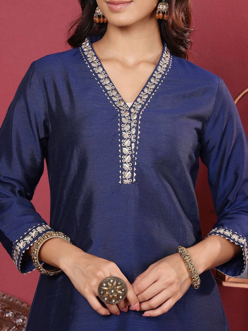 Women Floral Zari Embroidered Neck Kurta with Trousers and Woven Brocade Dupatta