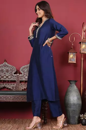 Women Floral Zari Embroidered Neck Kurta with Trousers and Woven Brocade Dupatta