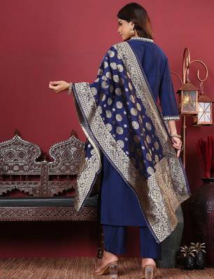 Women Floral Zari Embroidered Neck Kurta with Trousers and Woven Brocade Dupatta 6