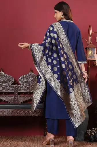 Women Floral Zari Embroidered Neck Kurta with Trousers and Woven Brocade Dupatta