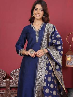 Women Floral Zari Embroidered Neck Kurta with Trousers and Woven Brocade Dupatta 7