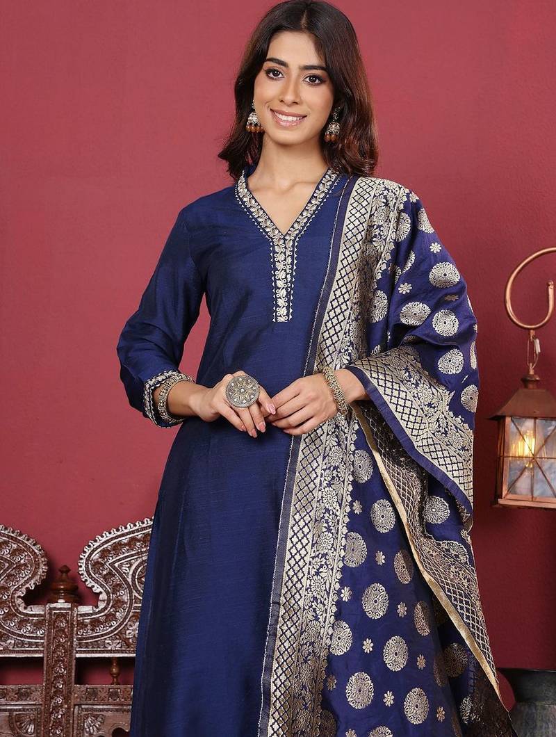 Women Floral Zari Embroidered Neck Kurta with Trousers and Woven Brocade Dupatta