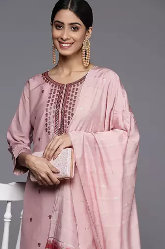 Women Pink Ethnic Motifs Embroidered Sequinned Kurta with Trousers & With Dupatta
