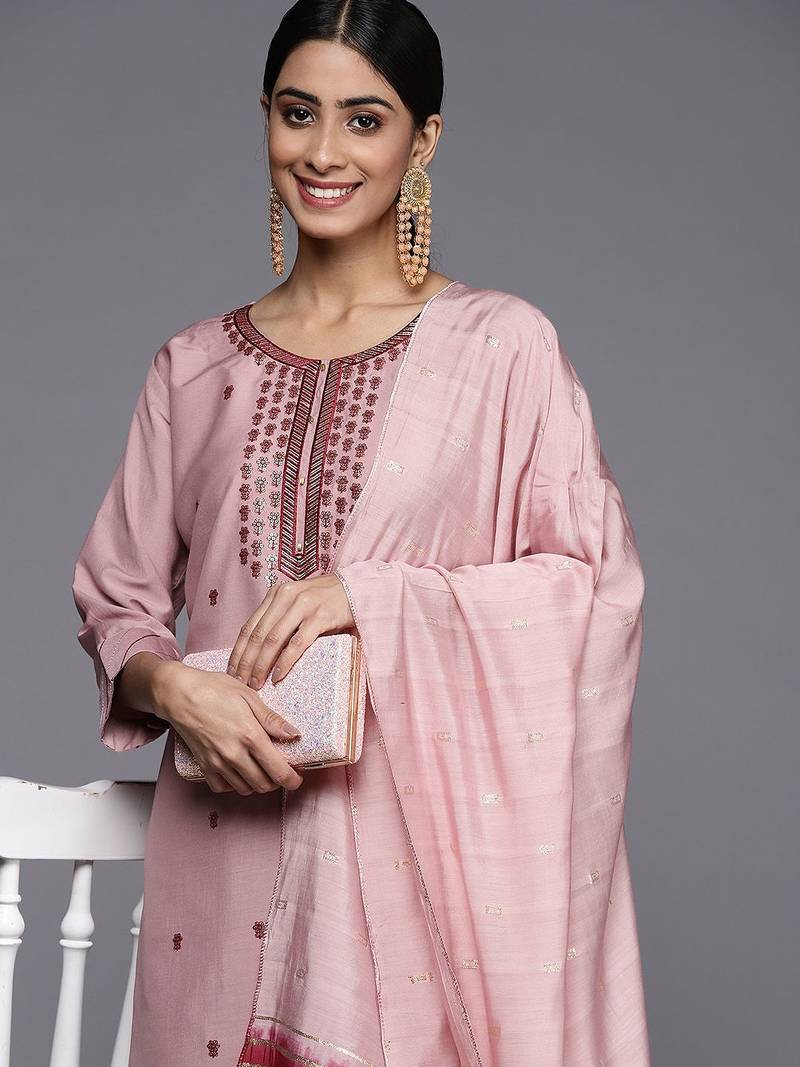 Women Pink Ethnic Motifs Embroidered Sequinned Kurta with Trousers & With Dupatta