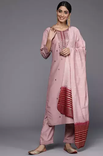 Women Pink Ethnic Motifs Embroidered Sequinned Kurta with Trousers & With Dupatta