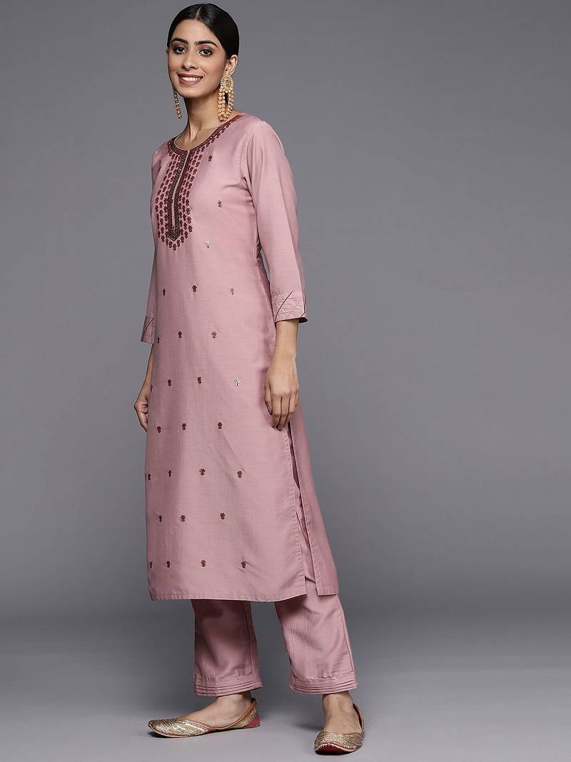 Women Pink Ethnic Motifs Embroidered Sequinned Kurta with Trousers & With Dupatta