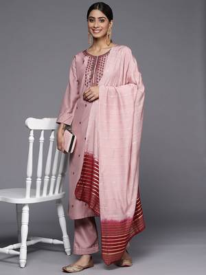 Women Pink Ethnic Motifs Embroidered Sequinned Kurta with Trousers & With Dupatta 8