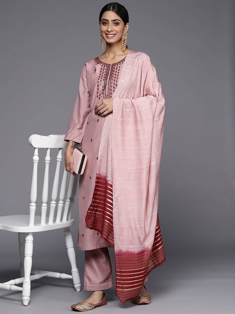 Women Pink Ethnic Motifs Embroidered Sequinned Kurta with Trousers & With Dupatta