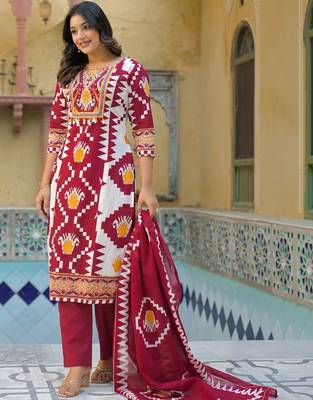 Women Printed Regular Sequinned Pure Cotton Kurta with Trousers & With Dupatta 1