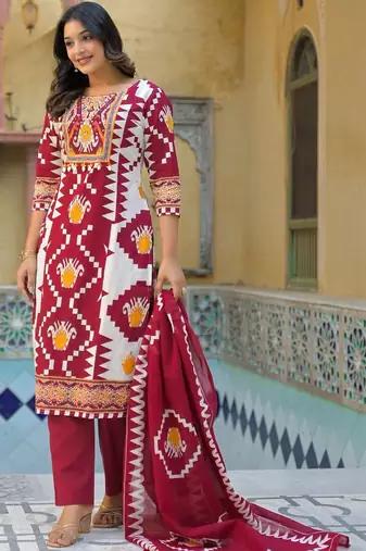 Women Printed Regular Sequinned Pure Cotton Kurta with Trousers & With Dupatta