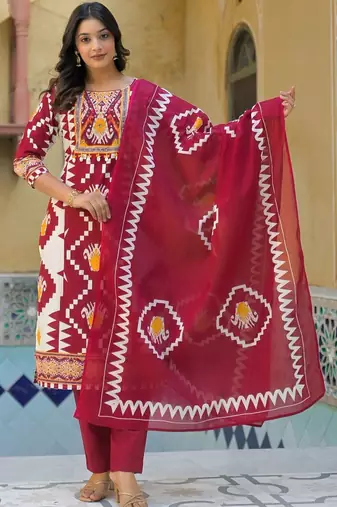 Women Printed Regular Sequinned Pure Cotton Kurta with Trousers & With Dupatta