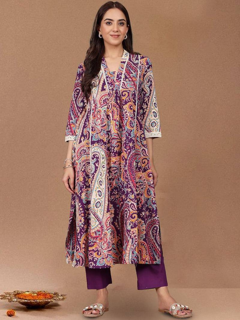 Paisley Printed Square-Neck Pure Cotton Straight Kurta With Trouser