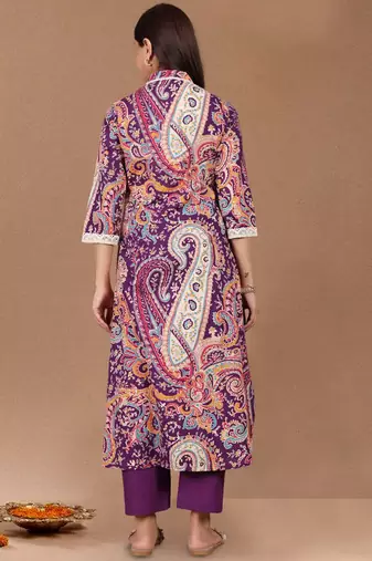 Paisley Printed Square-Neck Pure Cotton Straight Kurta With Trouser