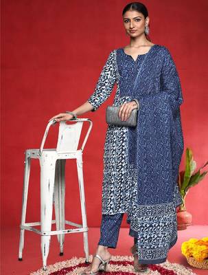 Women Abstract Printed Mirror Work Pure Cotton Kurta With Trousers & Dupatta 1