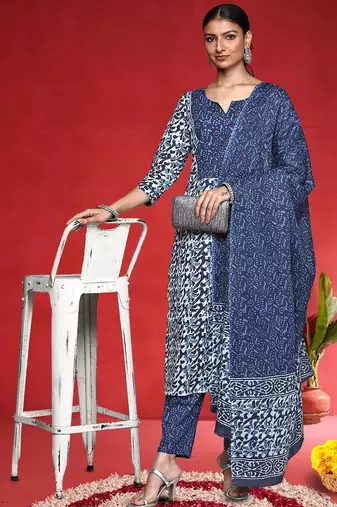 Women Abstract Printed Mirror Work Pure Cotton Kurta With Trousers & Dupatta