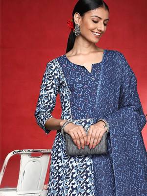 Women Abstract Printed Mirror Work Pure Cotton Kurta With Trousers & Dupatta 2