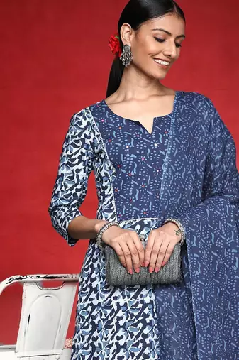 Women Abstract Printed Mirror Work Pure Cotton Kurta With Trousers & Dupatta