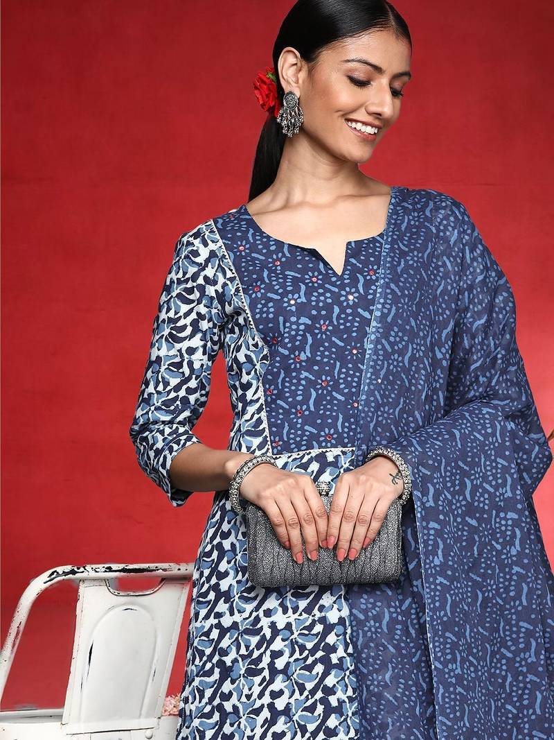 Women Abstract Printed Mirror Work Pure Cotton Kurta With Trousers & Dupatta