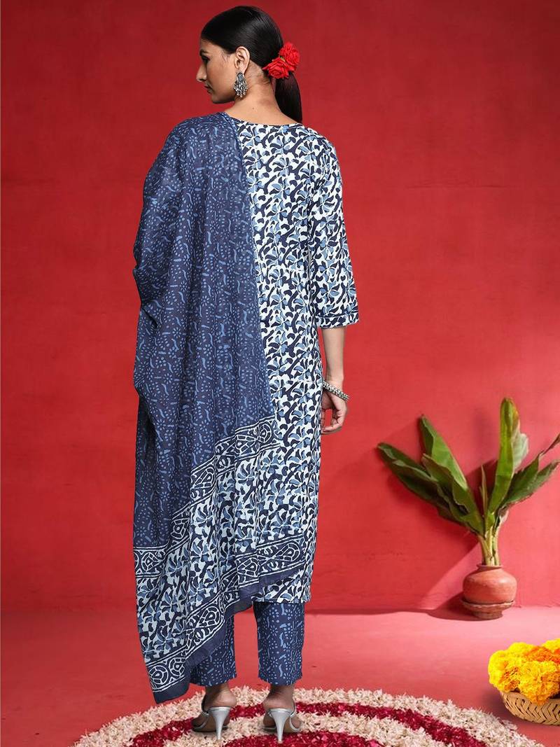 Women Abstract Printed Mirror Work Pure Cotton Kurta With Trousers & Dupatta