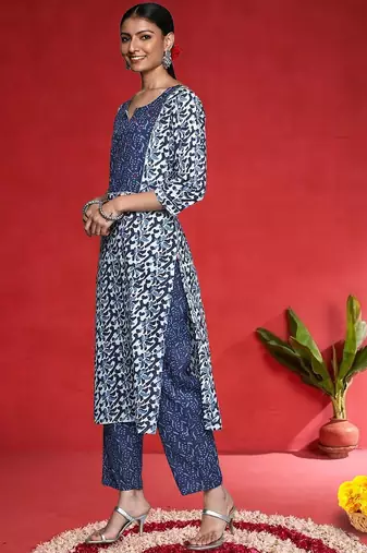 Women Abstract Printed Mirror Work Pure Cotton Kurta With Trousers & Dupatta