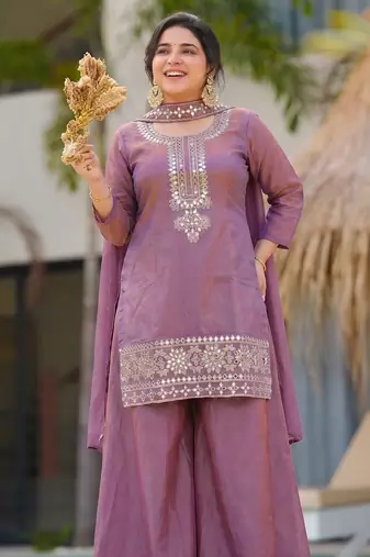Lavender real kutch hand embroidered gold silk sharara suit set with dupatta