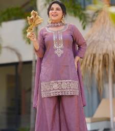 Lavender real kutch hand embroidered gold silk sharara suit set with dupatta
