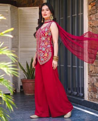 Gajri embroidered georgette silk straight sharara salwar suit set with dupatta 2