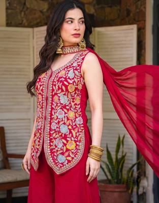 Gajri embroidered georgette silk straight sharara salwar suit set with dupatta 3