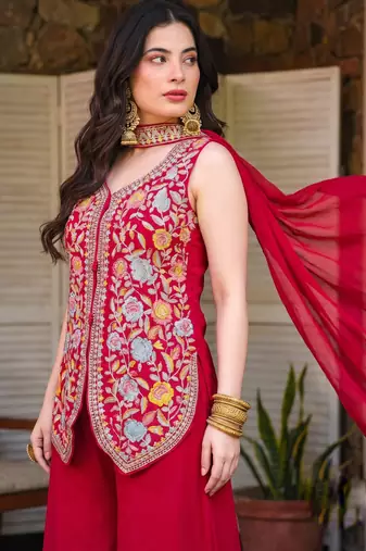 Gajri embroidered georgette silk straight sharara salwar suit set with dupatta