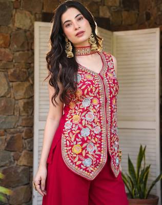 Gajri embroidered georgette silk straight sharara salwar suit set with dupatta 4