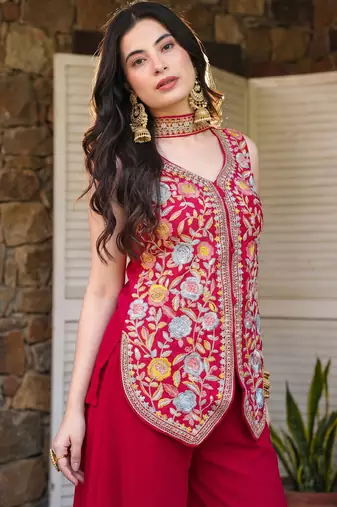 Gajri embroidered georgette silk straight sharara salwar suit set with dupatta