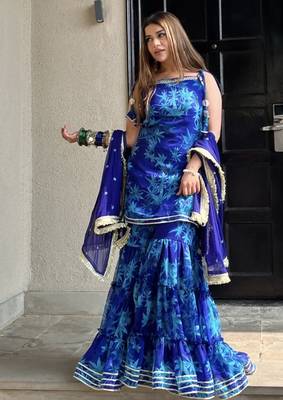 Blue printed embroidered georgette silk sharara salwar suit set with georgette silk with less & table print dupatta 1