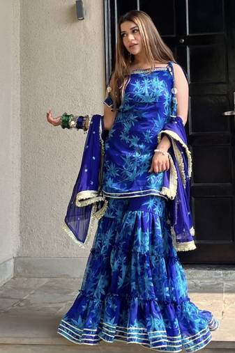 Blue printed embroidered georgette silk sharara salwar suit set with georgette silk with less & table print dupatta