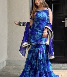 Blue printed embroidered georgette silk sharara salwar suit set with georgette silk with less & table print dupatta