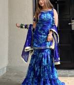 Blue printed embroidered georgette silk sharara salwar suit set with georgette silk with less & table print dupatta