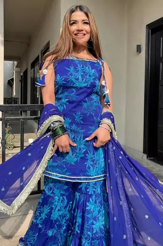 Blue printed embroidered georgette silk sharara salwar suit set with georgette silk with less & table print dupatta