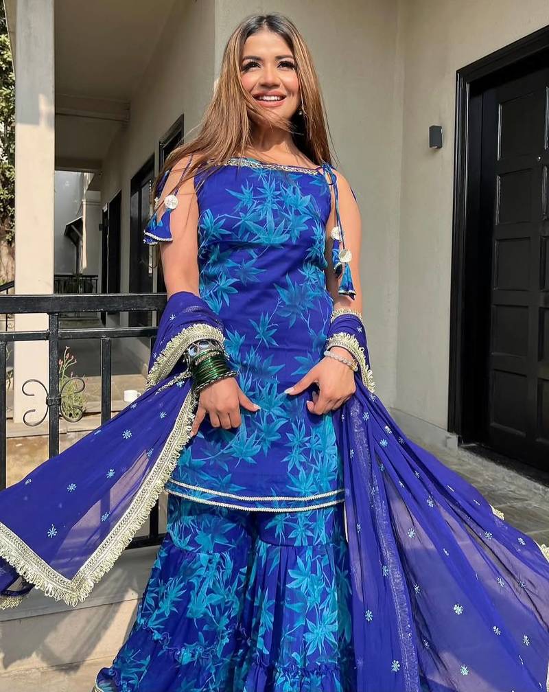 Blue printed embroidered georgette silk sharara salwar suit set with georgette silk with less & table print dupatta
