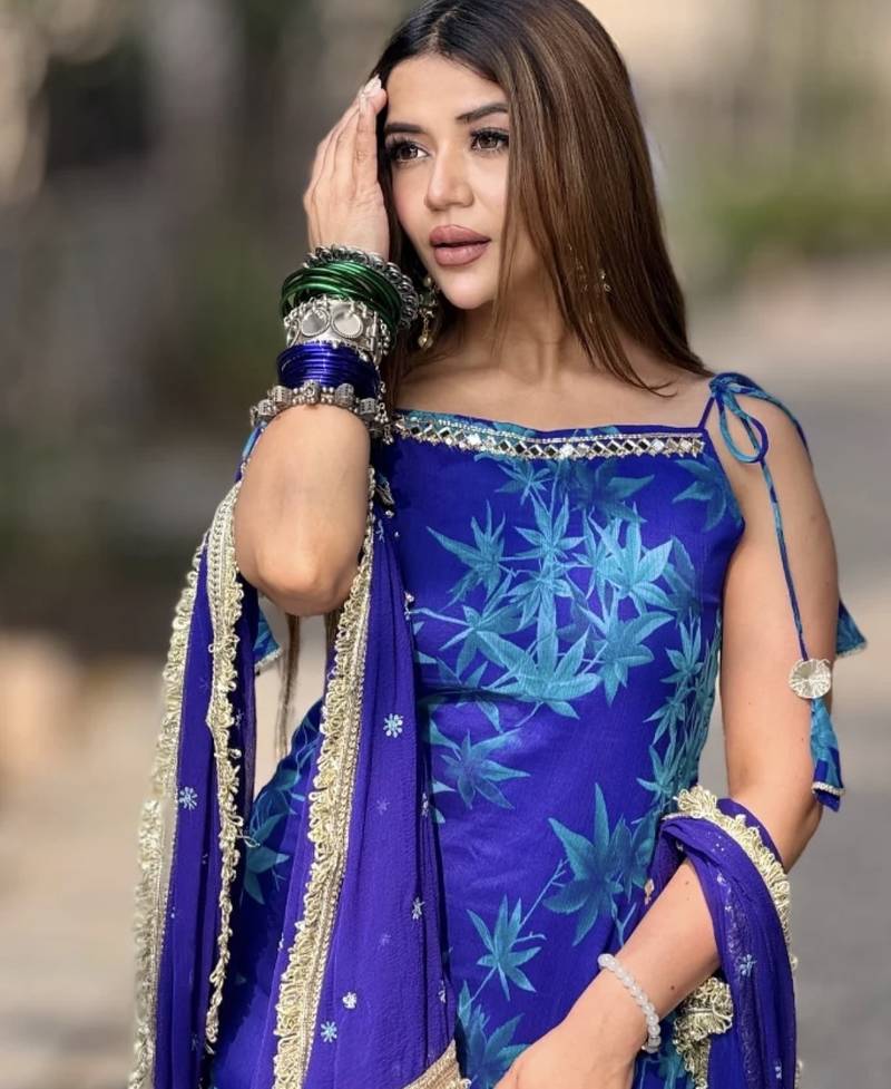 Blue printed embroidered georgette silk sharara salwar suit set with georgette silk with less & table print dupatta