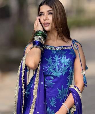 Blue printed embroidered georgette silk sharara salwar suit set with georgette silk with less & table print dupatta 5