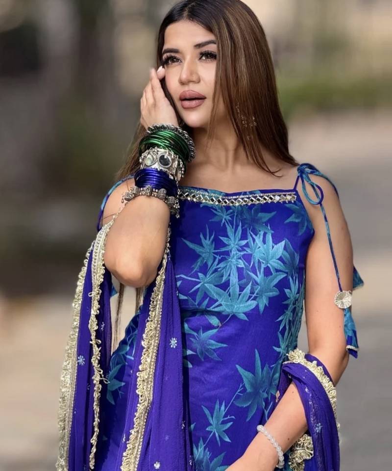 Blue printed embroidered georgette silk sharara salwar suit set with georgette silk with less & table print dupatta