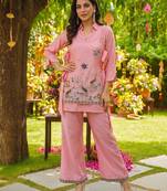 Peach embroidered heavy viscose kurta palazzo set with embroidered jacket