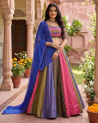 multicolor butti woven soft silk leriya print lehenga set with blouse & dupatta - full stitched free size 1