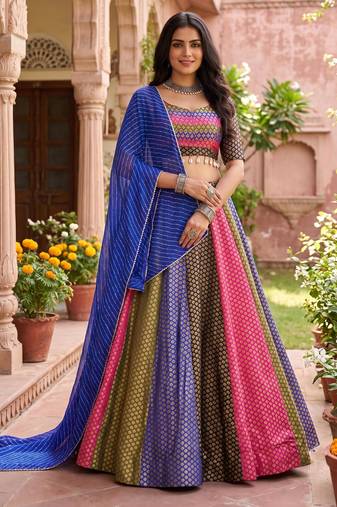 multicolor butti woven soft silk leriya print lehenga set with blouse & dupatta - full stitched free size