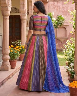 multicolor butti woven soft silk leriya print lehenga set with blouse & dupatta - full stitched free size 2