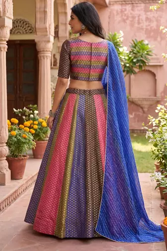 multicolor butti woven soft silk leriya print lehenga set with blouse & dupatta - full stitched free size