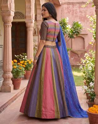 multicolor butti woven soft silk leriya print lehenga set with blouse & dupatta - full stitched free size 3